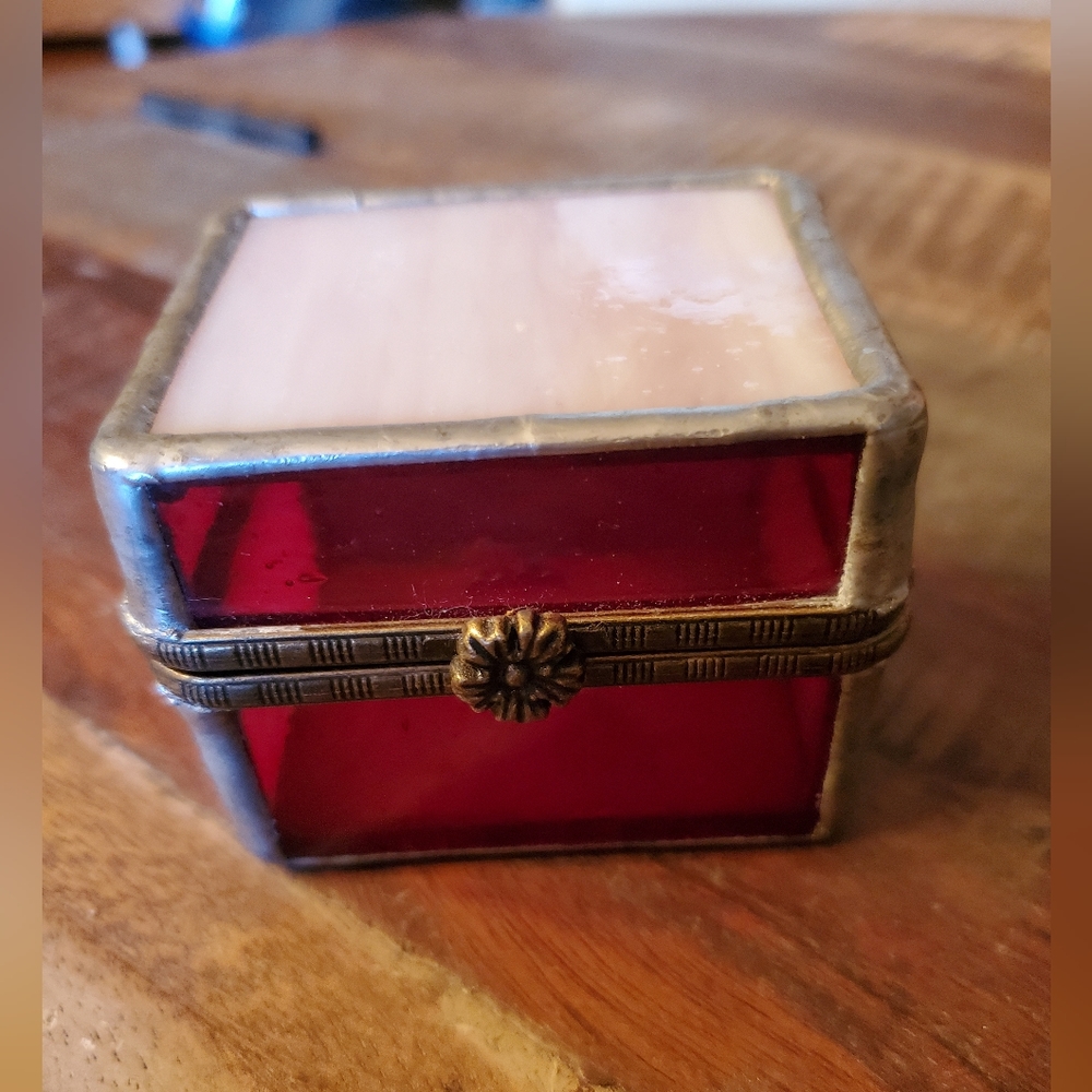 Red & Pink Stained & Leaded Glass Hinged Trinket Box